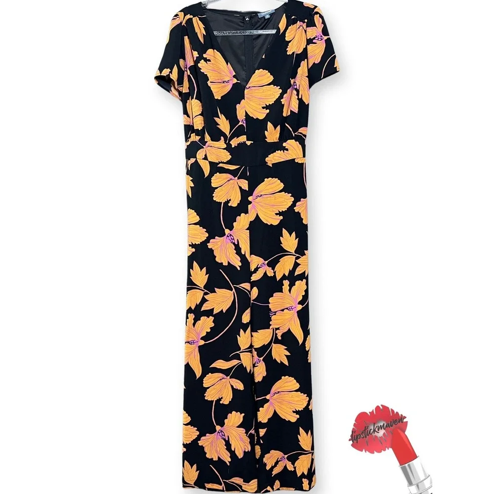 ModCloth Jumpsuit Women Plus 1x Black Floral Wide Leg‎ Orange Pink Spring Casual